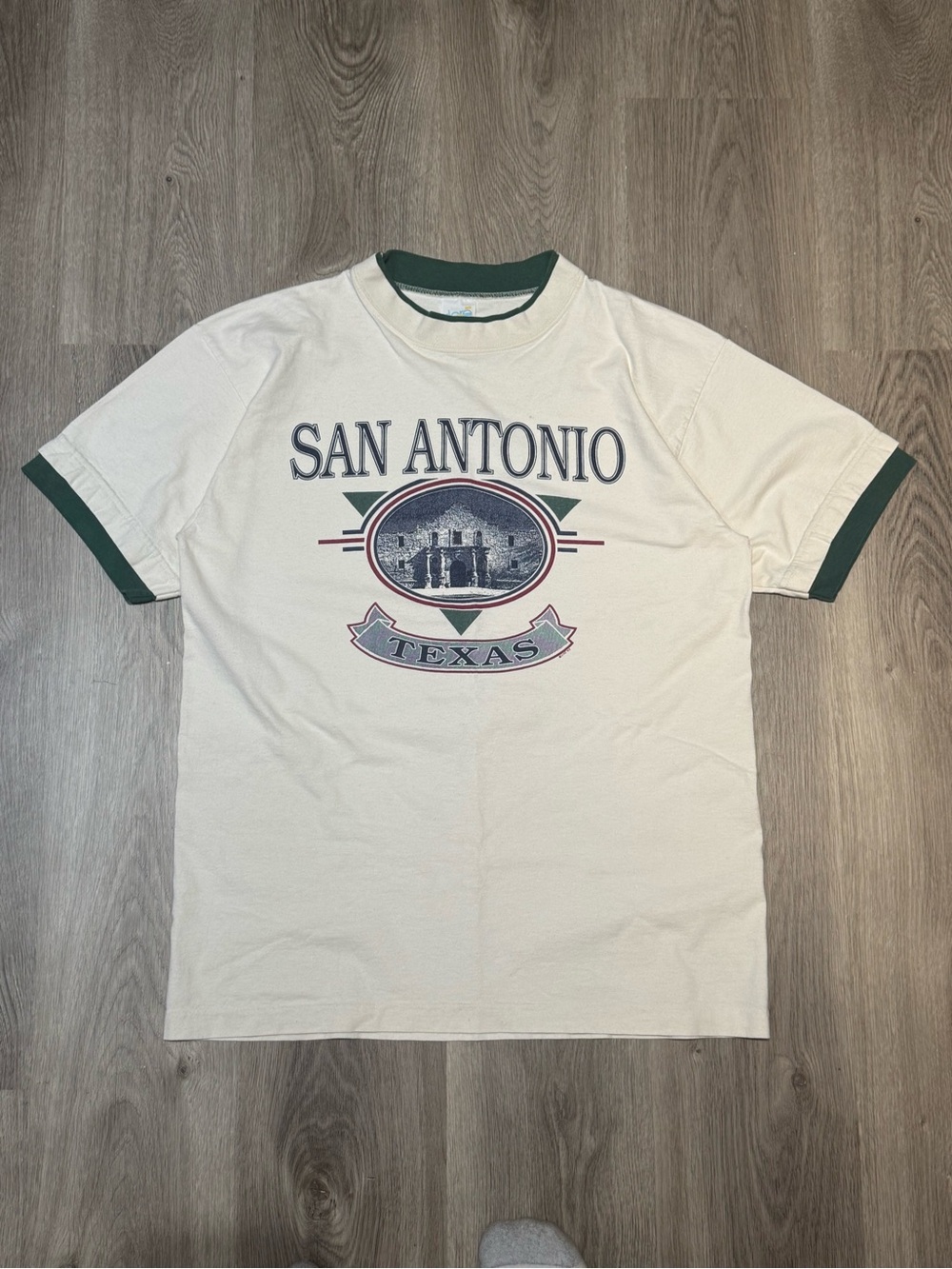 Cream San Antonio Texas Graphic Ringer Tee with Dark Green Trim